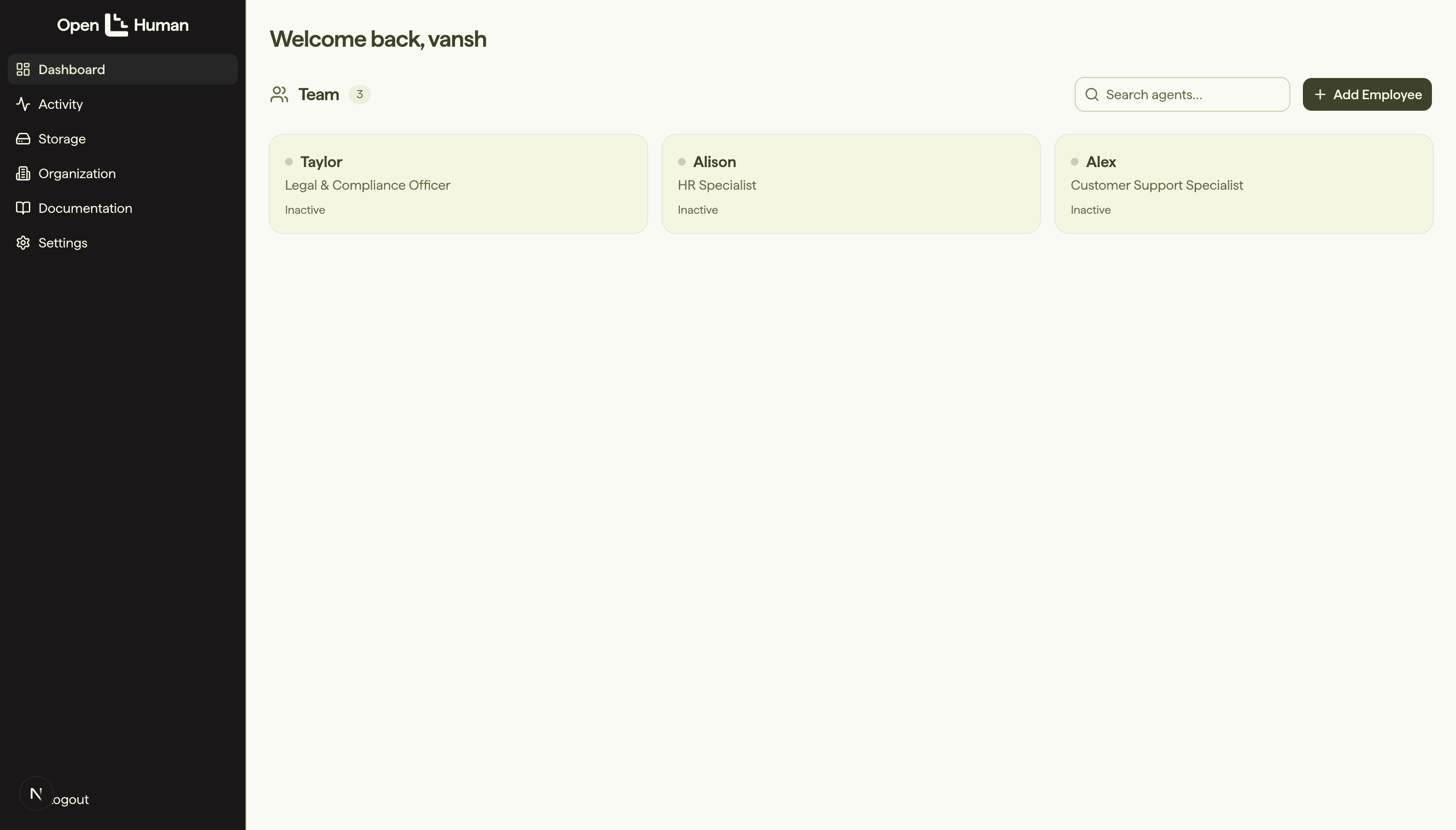 OpenHuman platform dashboard showing team management with AI employee cards, sidebar navigation, and agent deployment interface